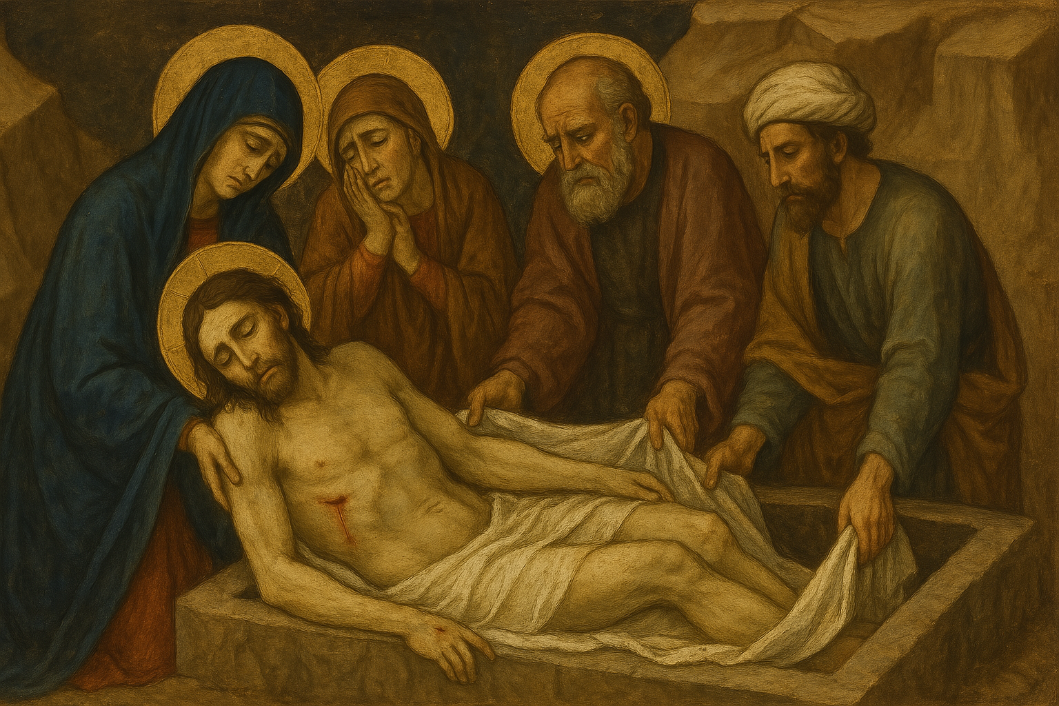 Jesús es colocado en el sepulcro